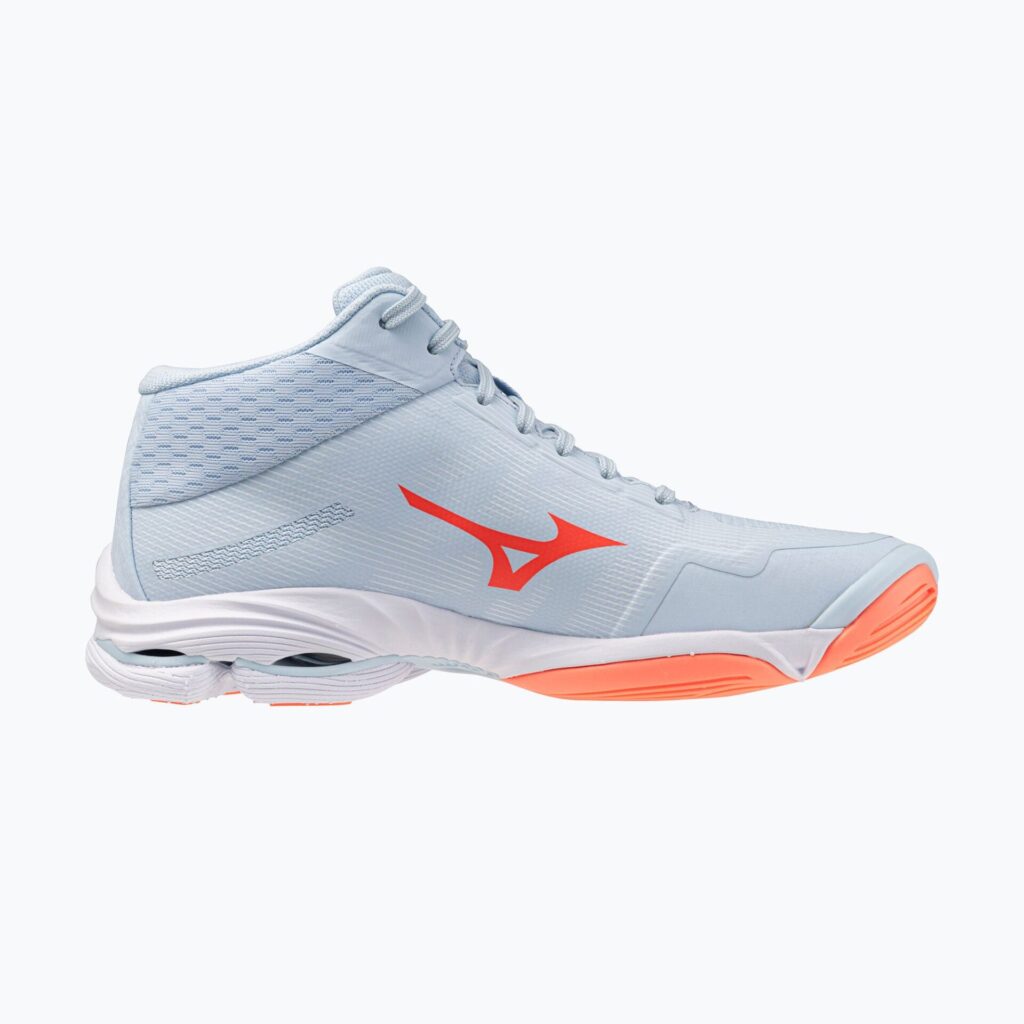 Женские волейбольные кроссовки Mizuno Wave Lightning Pro Mid blue finch/lava orange/flamingo coral