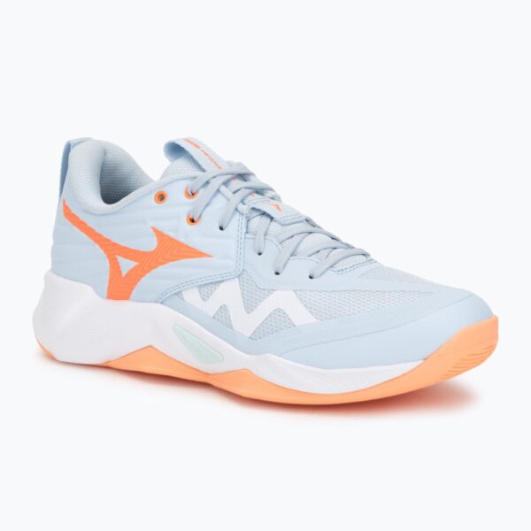 Женские волейбольные кроссовки Mizuno Wave Momentum Pro blue finch/lava orange/flamingo coral
