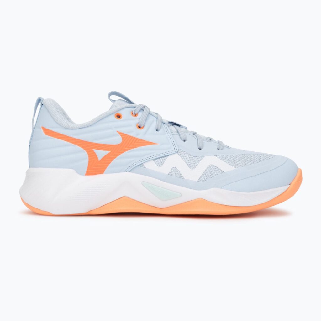 Женские волейбольные кроссовки Mizuno Wave Momentum Pro blue finch/lava orange/flamingo coral
