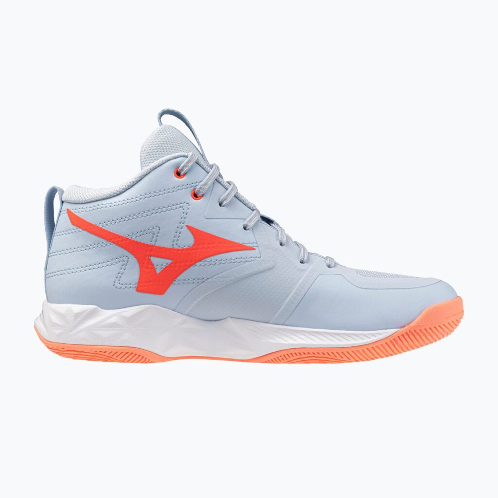 Женские волейбольные кроссовки Mizuno Wave Momentum Pro Mid blue finch/lava orange/flamingo coral