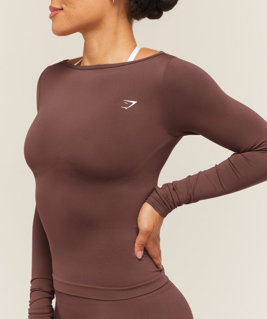Gymshark Everyday Seamless Wide Neck Long Sleeve Top - Espresso Brown