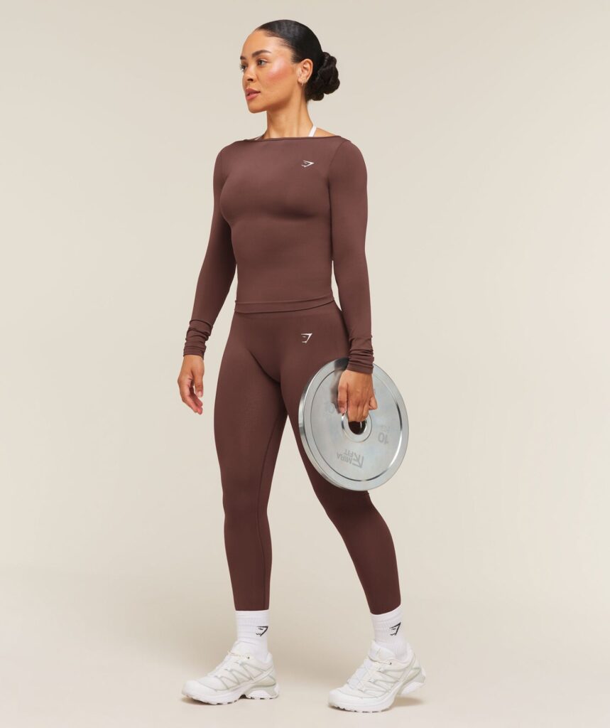 Gymshark Everyday Seamless Wide Neck Long Sleeve Top - Espresso Brown